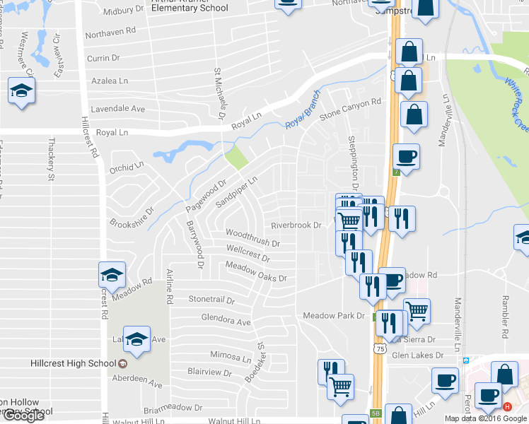 map of restaurants, bars, coffee shops, grocery stores, and more near 7503 Pebblestone Drive in Dallas