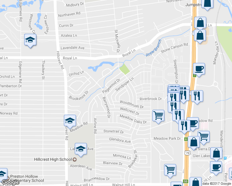 map of restaurants, bars, coffee shops, grocery stores, and more near 10618 Sandpiper Lane in Dallas