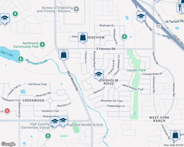 map of restaurants, bars, coffee shops, grocery stores, and more near 1101 Lindstrom Drive in Fort Worth