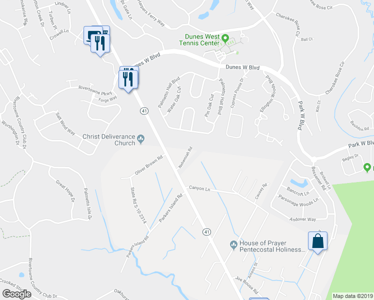 map of restaurants, bars, coffee shops, grocery stores, and more near 3025 Nehemiah Road in Mount Pleasant