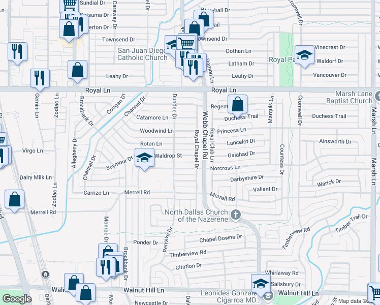 map of restaurants, bars, coffee shops, grocery stores, and more near 3227 Waldrop Street in Dallas