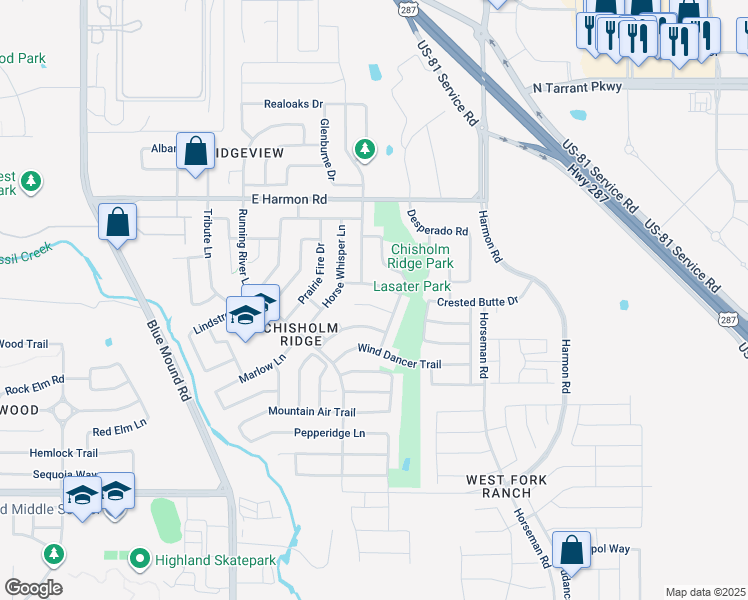 map of restaurants, bars, coffee shops, grocery stores, and more near 1429 Broken Spoke Court in Fort Worth