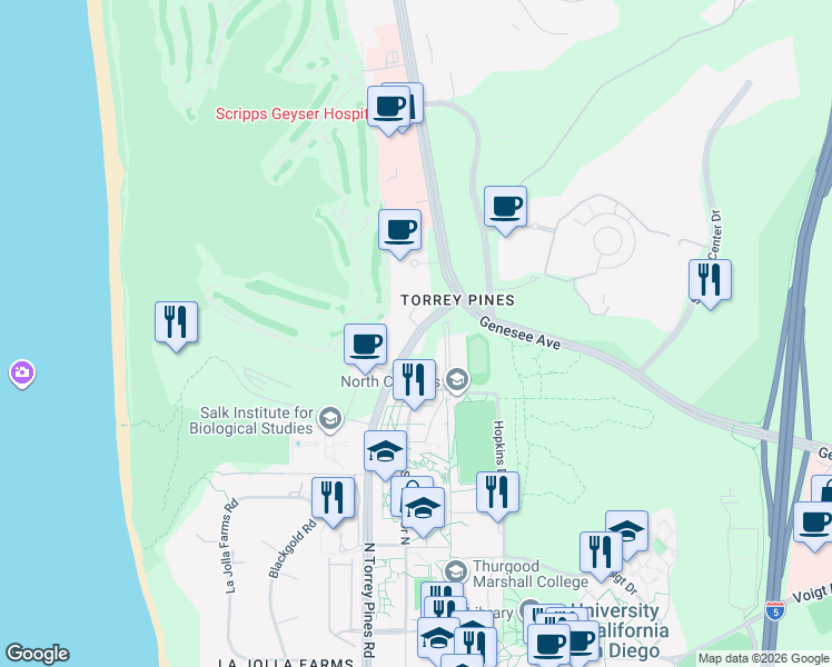 map of restaurants, bars, coffee shops, grocery stores, and more near North Point Lane in San Diego