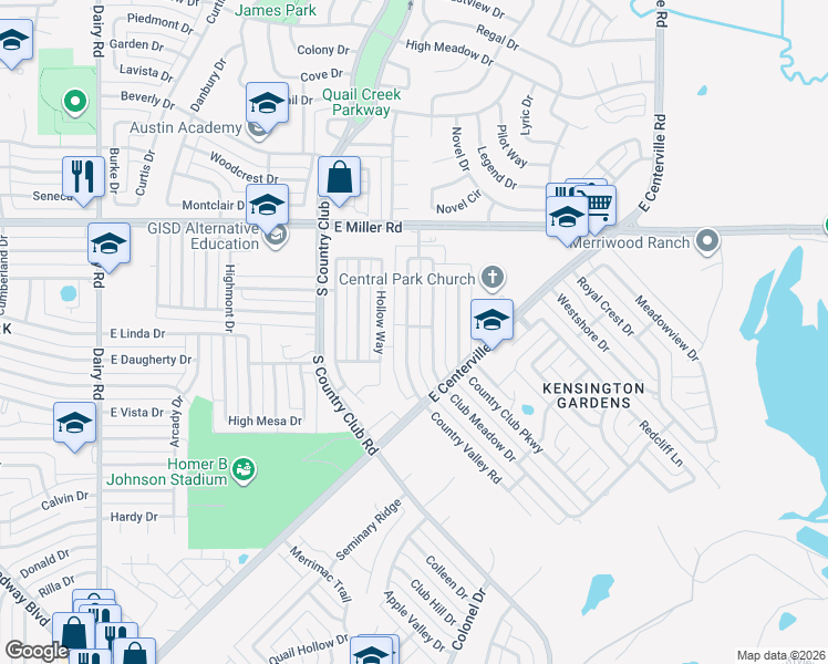 map of restaurants, bars, coffee shops, grocery stores, and more near 2405 Country Valley Road in Garland