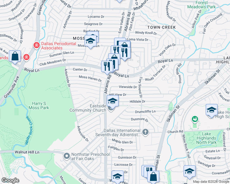 map of restaurants, bars, coffee shops, grocery stores, and more near 9401 Viewside Drive in Dallas