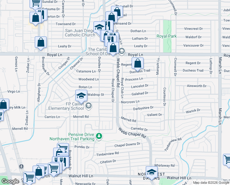 map of restaurants, bars, coffee shops, grocery stores, and more near 3227 Waldrop Street in Dallas