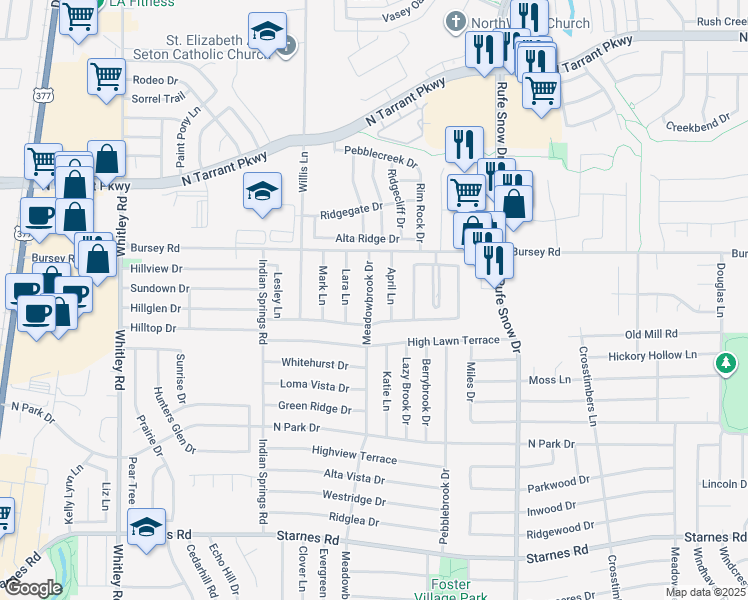 map of restaurants, bars, coffee shops, grocery stores, and more near 8216 Meadowbrook Drive in Watauga