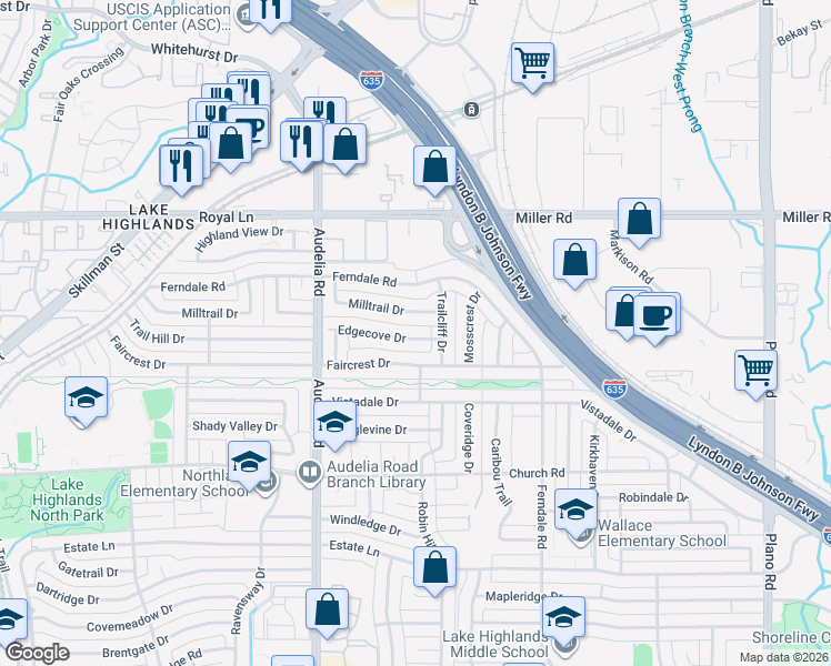 map of restaurants, bars, coffee shops, grocery stores, and more near 10029 Edgecove Drive in Dallas