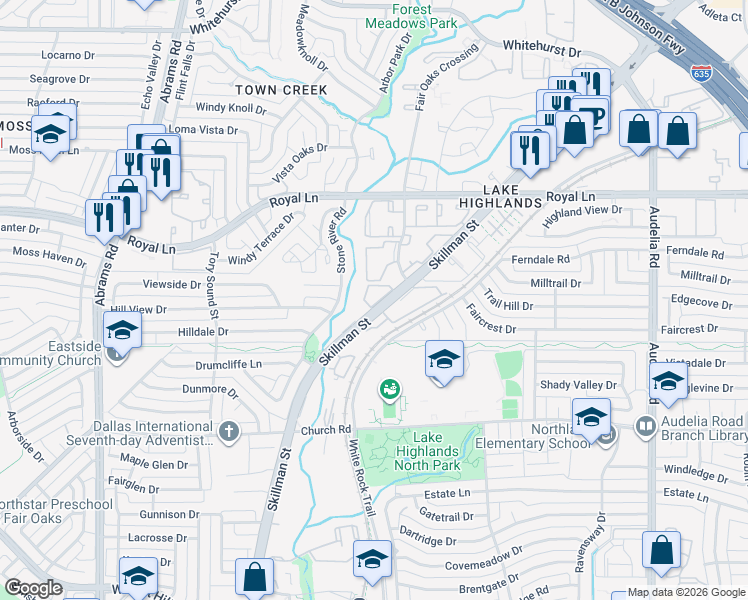 map of restaurants, bars, coffee shops, grocery stores, and more near 8109 Skillman Street in Dallas