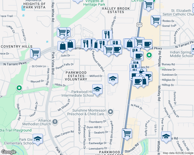 map of restaurants, bars, coffee shops, grocery stores, and more near 5533 Bandelier Trail in Fort Worth