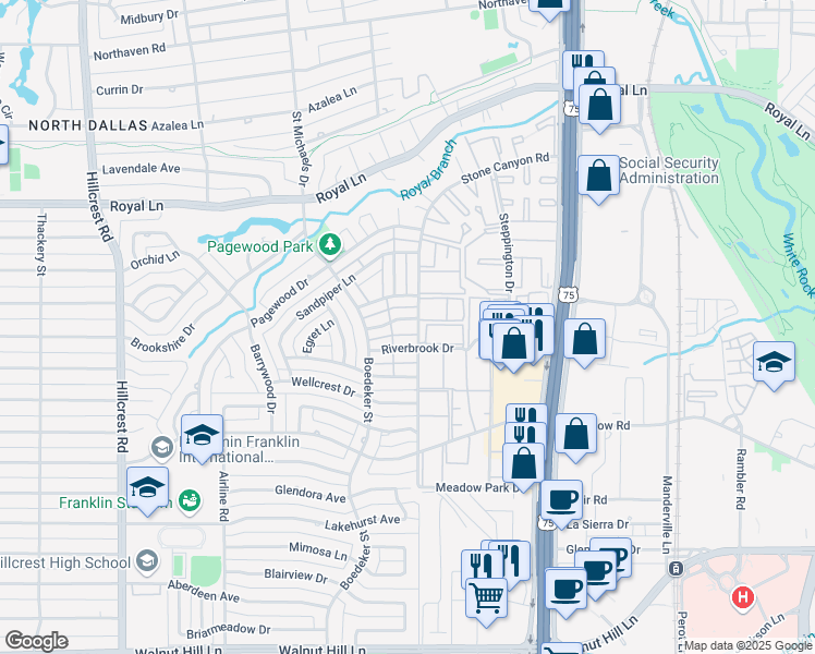 map of restaurants, bars, coffee shops, grocery stores, and more near 7618 Pebblestone Drive in Dallas