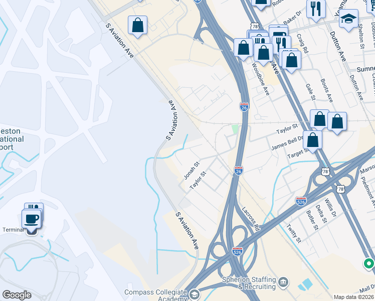 map of restaurants, bars, coffee shops, grocery stores, and more near 2525 Celestial Court in North Charleston