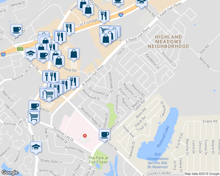 map of restaurants, bars, coffee shops, grocery stores, and more near 123 Woodcreek Drive in Rockwall