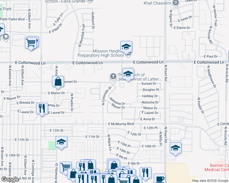 map of restaurants, bars, coffee shops, grocery stores, and more near 1330 Rocio Court in Casa Grande