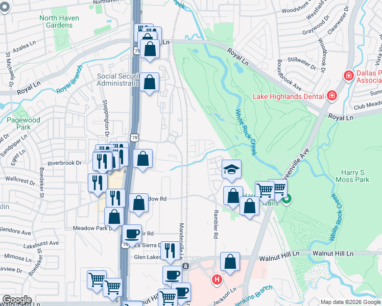 map of restaurants, bars, coffee shops, grocery stores, and more near 8200 Rambler Road in Dallas