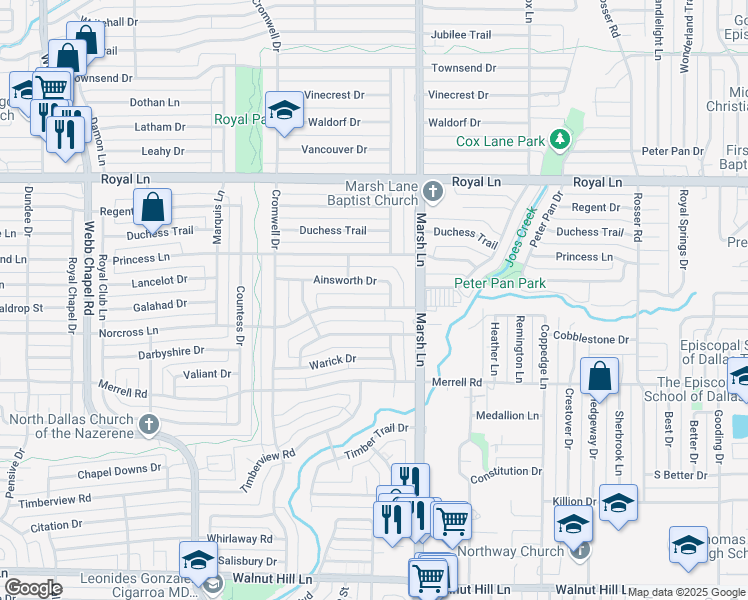 map of restaurants, bars, coffee shops, grocery stores, and more near 3665 Norcross Ln in Dallas