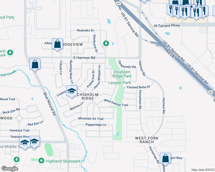 map of restaurants, bars, coffee shops, grocery stores, and more near 1429 Broken Spoke Court in Fort Worth