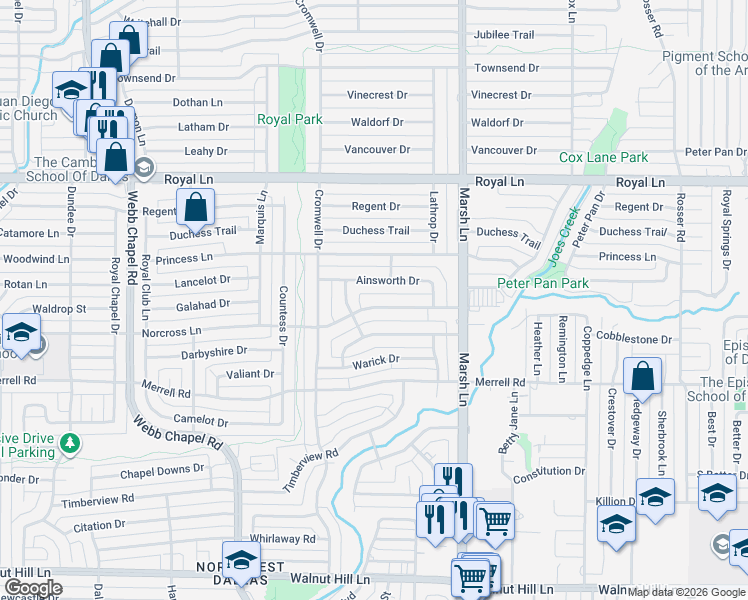 map of restaurants, bars, coffee shops, grocery stores, and more near 3634 Norcross Lane in Dallas