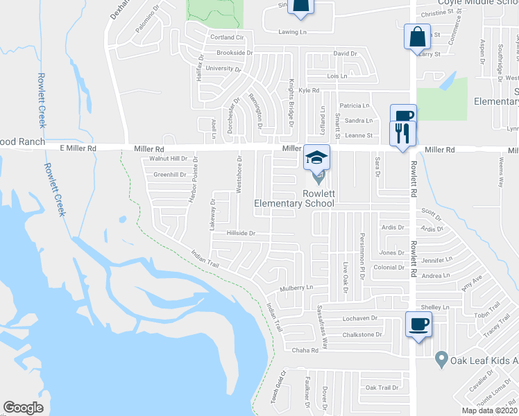 map of restaurants, bars, coffee shops, grocery stores, and more near 3009 Elmhurst Street in Rowlett