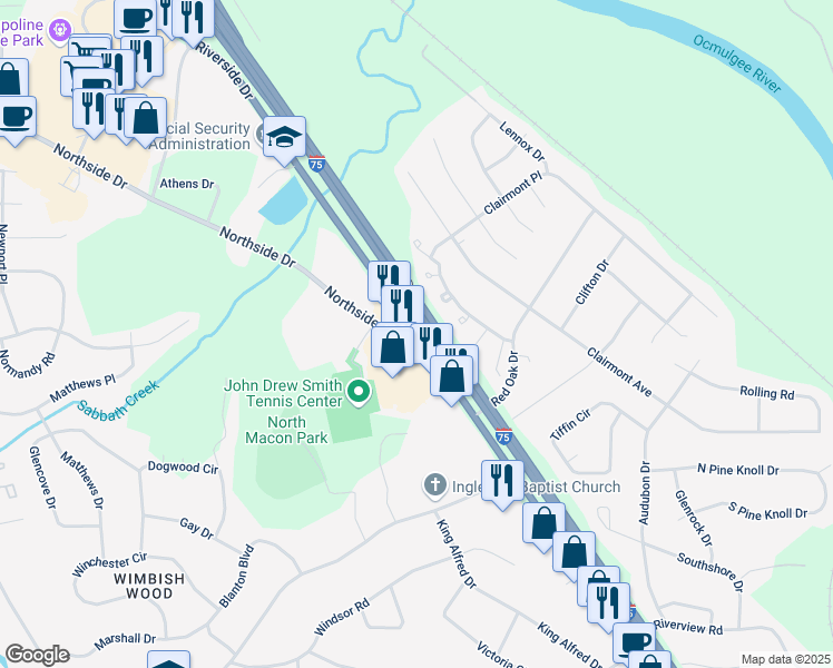 map of restaurants, bars, coffee shops, grocery stores, and more near Riverside Drive in Macon