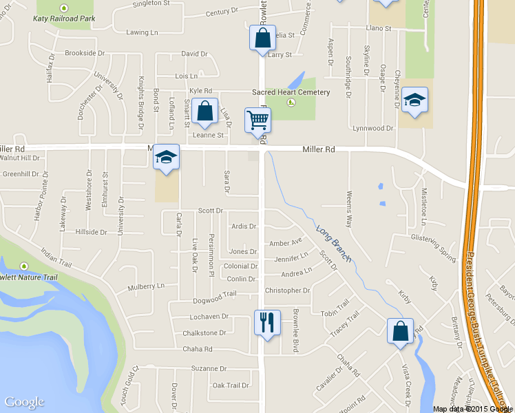 map of restaurants, bars, coffee shops, grocery stores, and more near 3413 Scott Drive in Rowlett