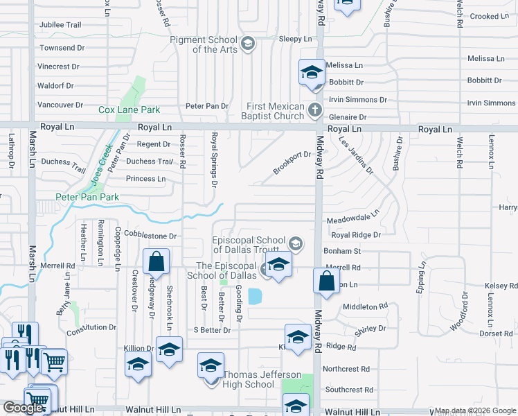 map of restaurants, bars, coffee shops, grocery stores, and more near 4107 Meadowdale Lane in Dallas