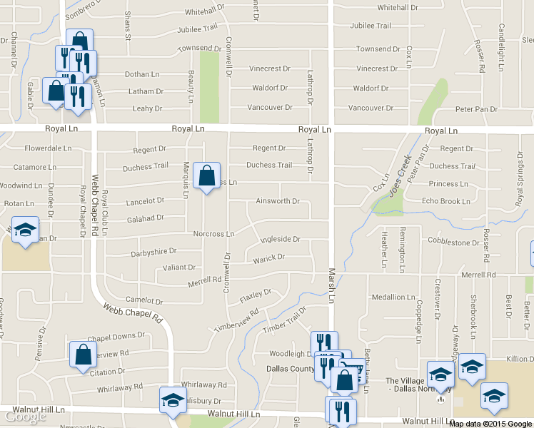 map of restaurants, bars, coffee shops, grocery stores, and more near 3634 Norcross Lane in Dallas