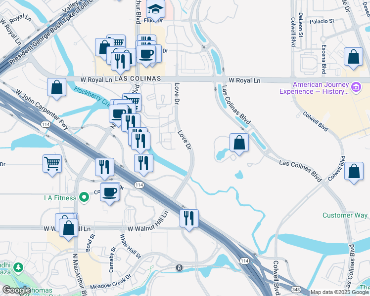 map of restaurants, bars, coffee shops, grocery stores, and more near 6216-6222 Love Drive in Irving