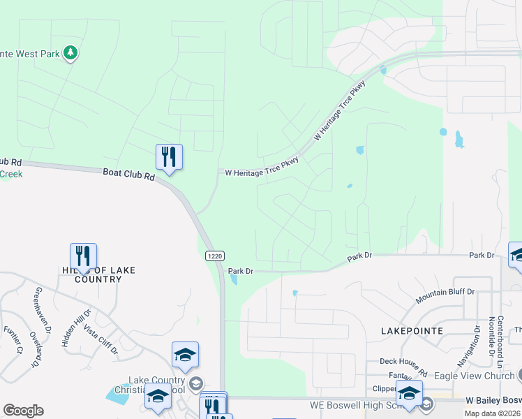 map of restaurants, bars, coffee shops, grocery stores, and more near 9700 Park Drive in Fort Worth