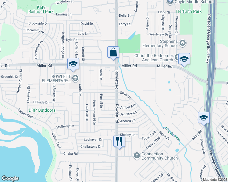 map of restaurants, bars, coffee shops, grocery stores, and more near 3413 Scott Drive in Rowlett