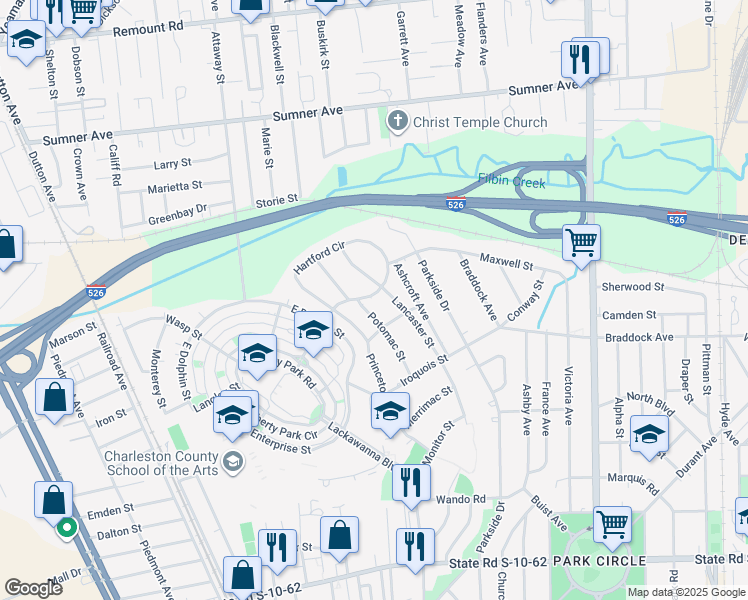 map of restaurants, bars, coffee shops, grocery stores, and more near 1409 Hartford Circle in North Charleston