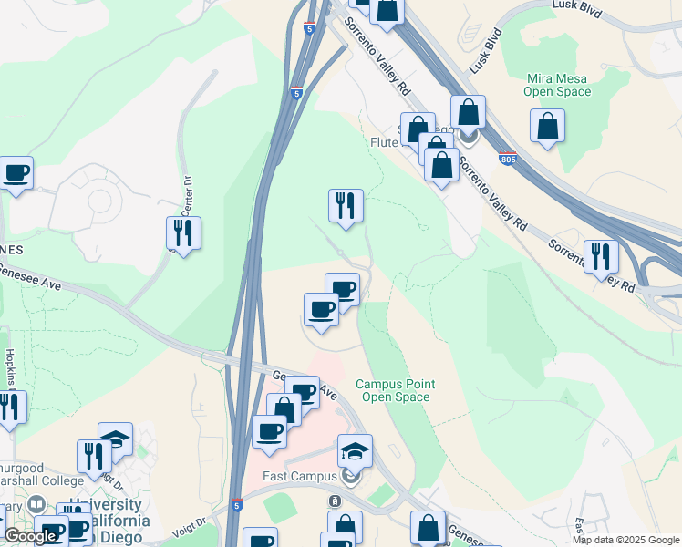 map of restaurants, bars, coffee shops, grocery stores, and more near 10290 Campus Point Drive in San Diego