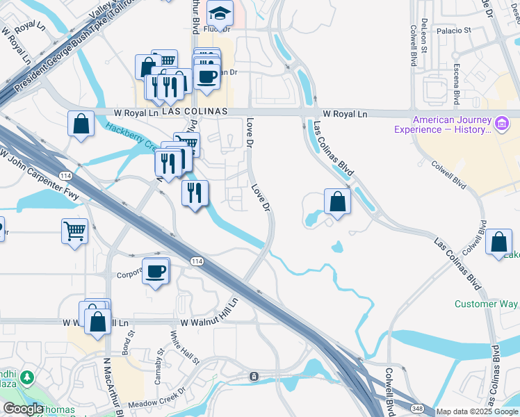 map of restaurants, bars, coffee shops, grocery stores, and more near 6001 Love Drive in Irving