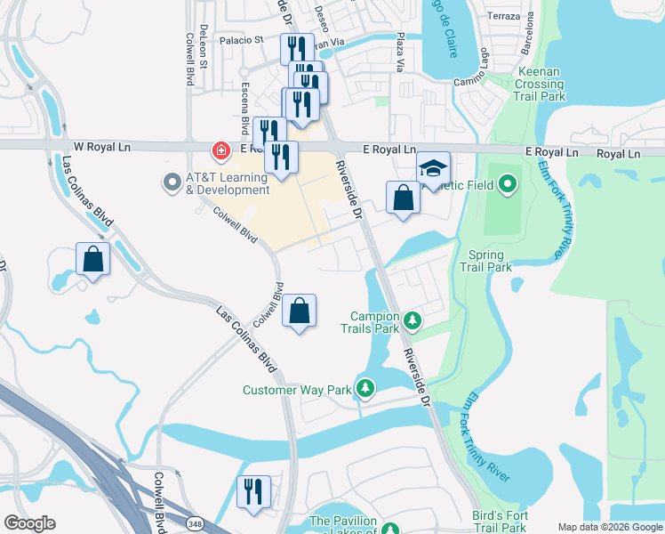 map of restaurants, bars, coffee shops, grocery stores, and more near 304 Vine Street in Irving