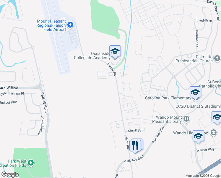map of restaurants, bars, coffee shops, grocery stores, and more near Faison Road in Mount Pleasant