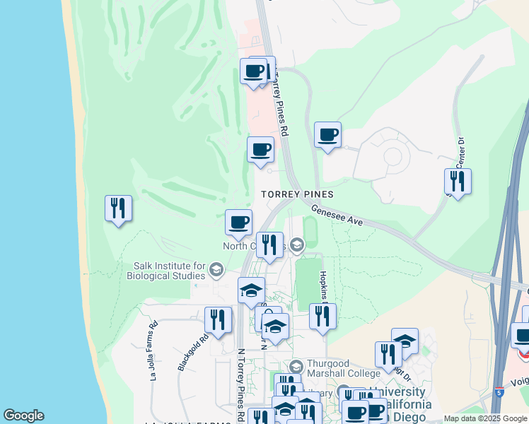 map of restaurants, bars, coffee shops, grocery stores, and more near 10300 North Torrey Pines Road in San Diego