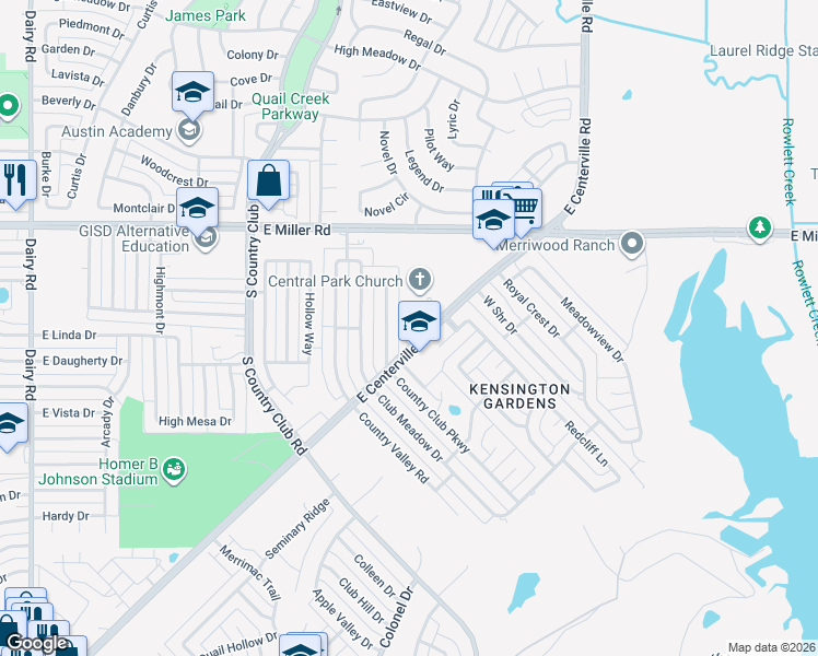 map of restaurants, bars, coffee shops, grocery stores, and more near 1701 East Centerville Road in Garland