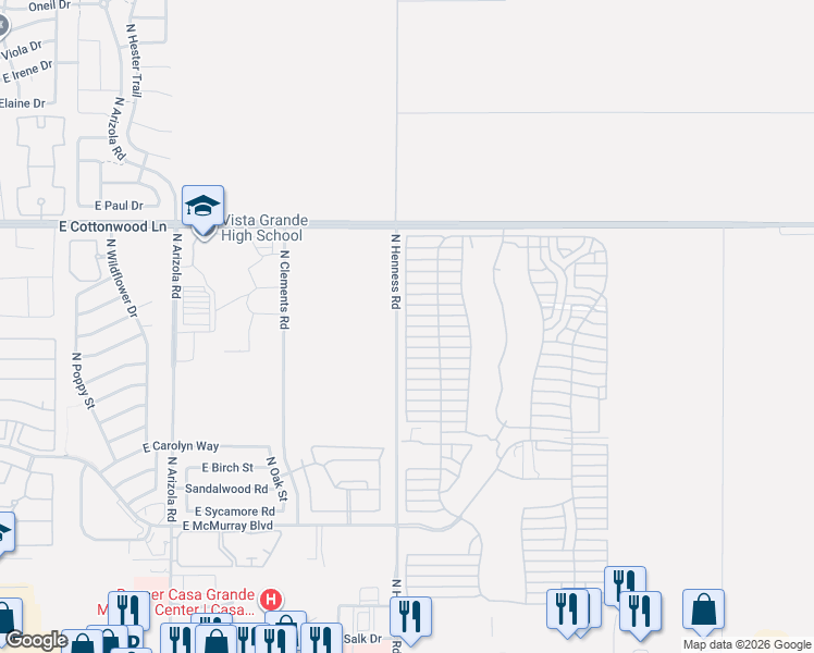 map of restaurants, bars, coffee shops, grocery stores, and more near Sandy Desert Drive in Casa Grande