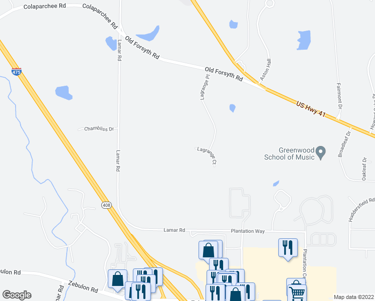 map of restaurants, bars, coffee shops, grocery stores, and more near 210 Lagrange Court in Macon