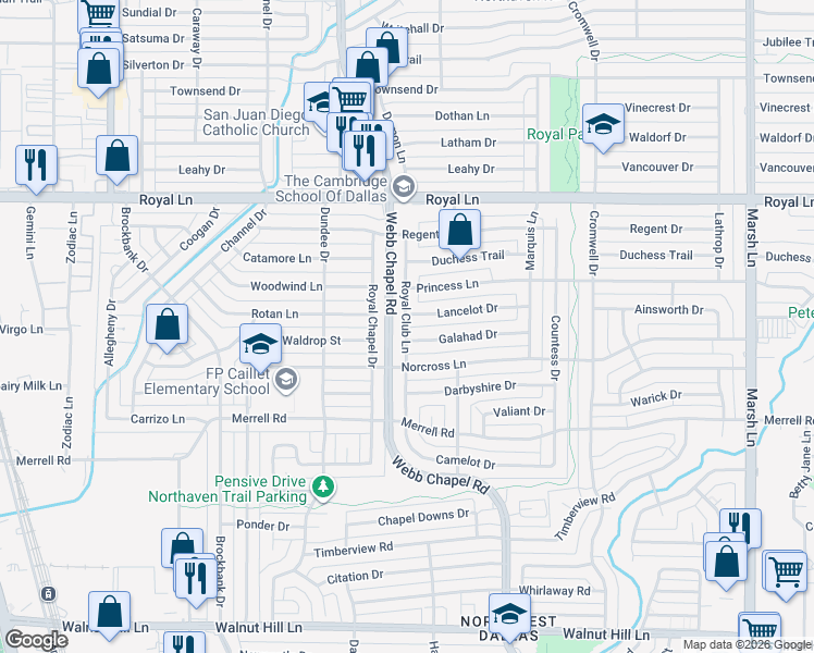 map of restaurants, bars, coffee shops, grocery stores, and more near 10536 Royal Club Lane in Dallas