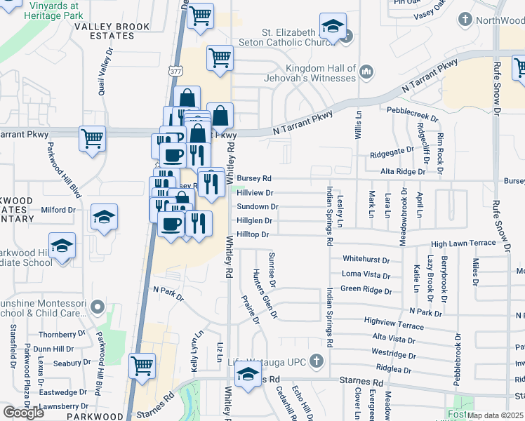 map of restaurants, bars, coffee shops, grocery stores, and more near 5945 Hillglen Drive in Watauga