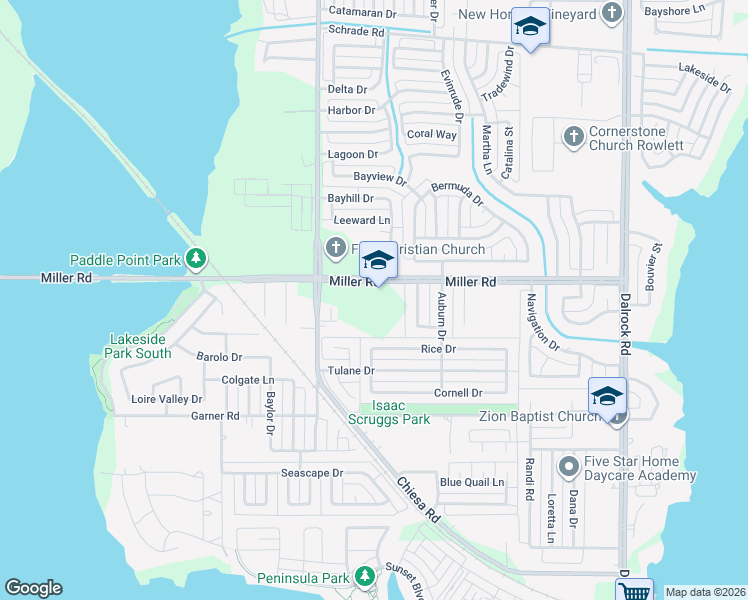 map of restaurants, bars, coffee shops, grocery stores, and more near 7500 Miller Road in Rowlett