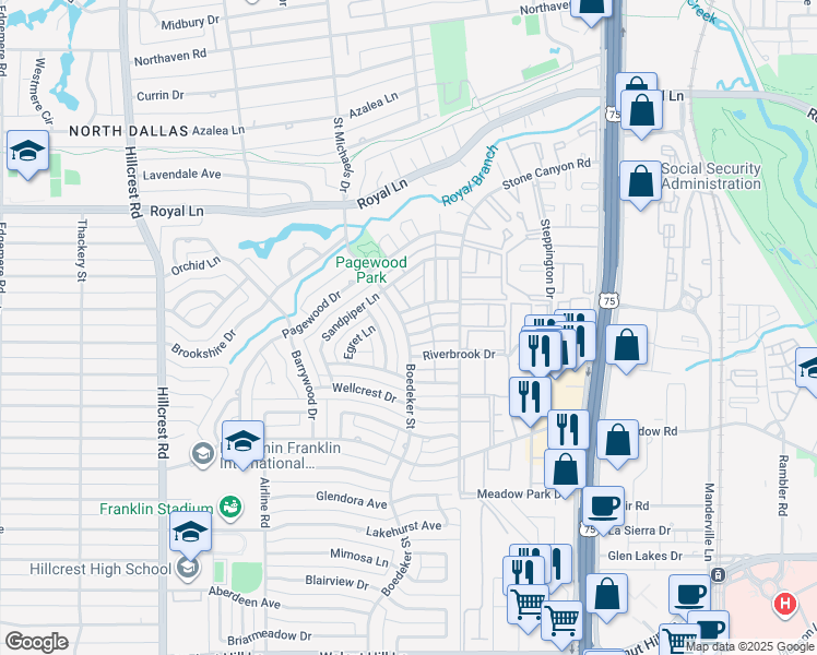 map of restaurants, bars, coffee shops, grocery stores, and more near 7504 Pebblestone Drive in Dallas