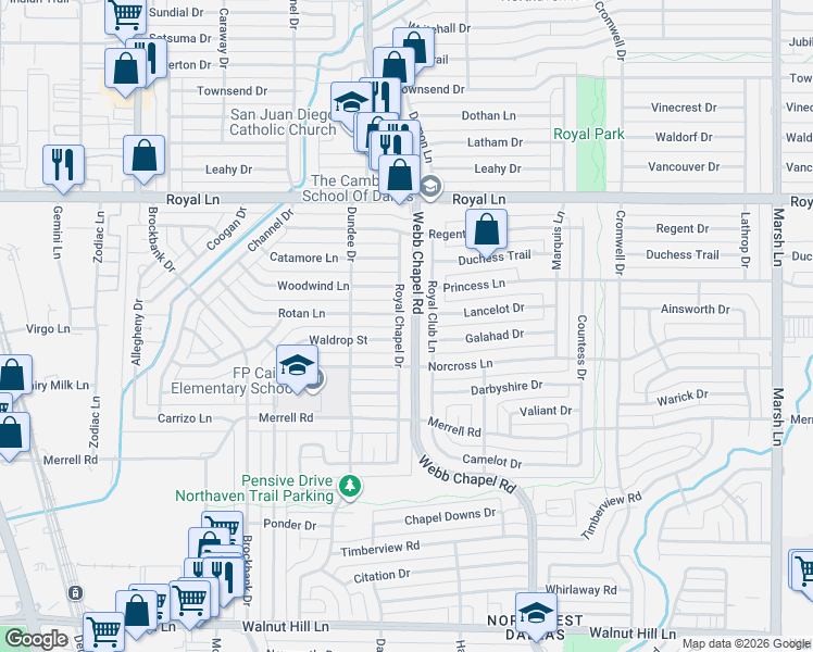 map of restaurants, bars, coffee shops, grocery stores, and more near 3227 Waldrop Street in Dallas