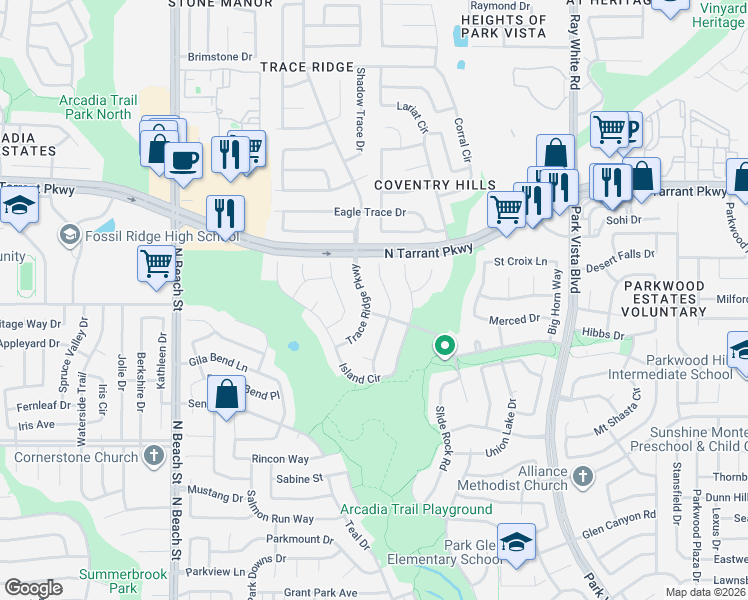 map of restaurants, bars, coffee shops, grocery stores, and more near 8400 Trace Ridge Parkway in Fort Worth