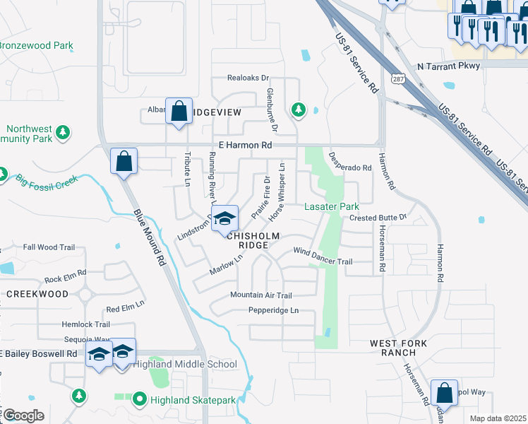 map of restaurants, bars, coffee shops, grocery stores, and more near 8420 Prairie Fire Drive in Fort Worth