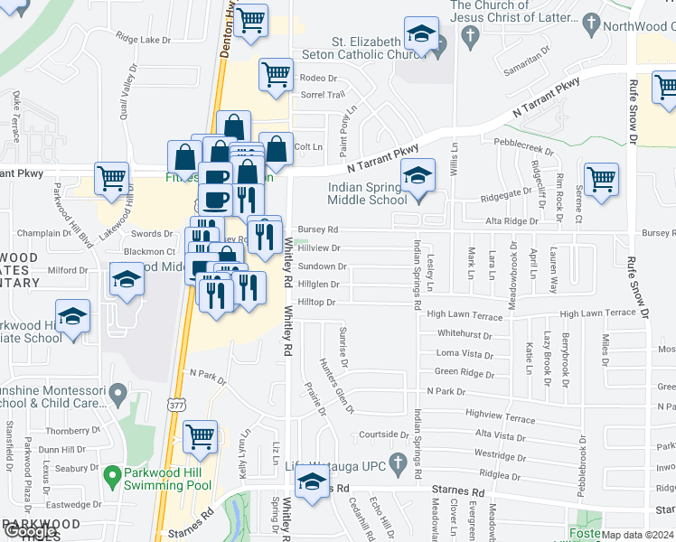 map of restaurants, bars, coffee shops, grocery stores, and more near 5944 Sundown Drive in Watauga