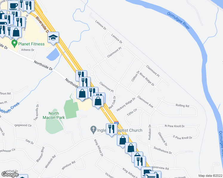 map of restaurants, bars, coffee shops, grocery stores, and more near 907 Clairmont Place in Macon