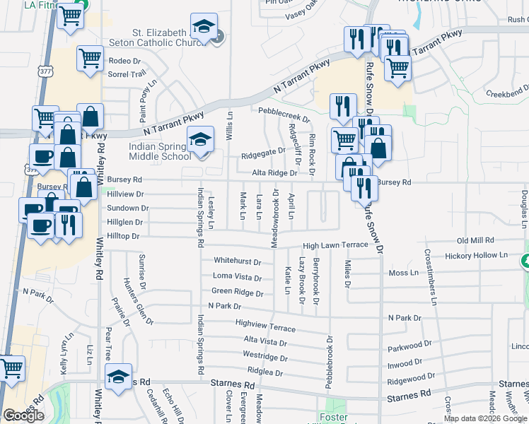 map of restaurants, bars, coffee shops, grocery stores, and more near 8212 Lara Lane in Watauga
