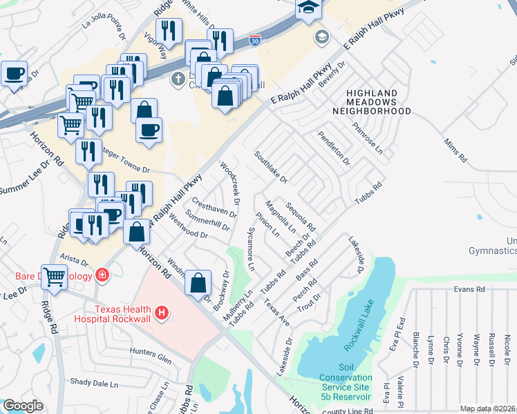 map of restaurants, bars, coffee shops, grocery stores, and more near 172 Pinion Lane in Rockwall